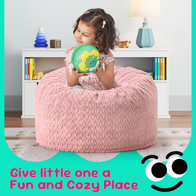 Hobestluk Bean Bag Chairs 2.5FT Bean Bag Chair with Memory Foam Filled & Chevron Plush Fur Cover Small Bean Bag Chairs for Playroom, Living Room, Bedroom (Pink)