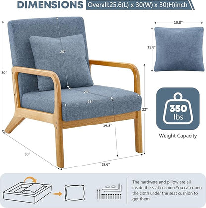 ELUCHANG Mid-Century Modern Accent Chair with Lumbar Pillow,Upholstered Armchair,Linen Fabric Comfy Reading Lounge Side Chair for Living Room Bedroom Apartment,Easy Assembly