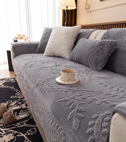 Grey Fuzzy Rabbit Plush Sofa Cover Cozy Warm Sofa Couch Covers with 3D Jacquard Leaf Pattern Non-Slip Easy-to-Install Shaggy Sofa Slipcover Prefect for Kids Dogs Cats Cats(Grey,36"x47")
