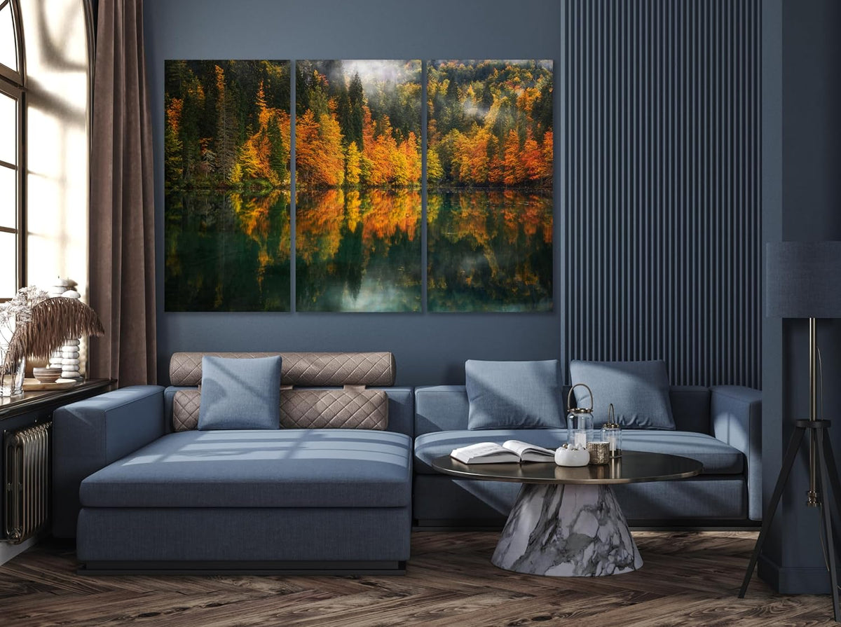 Nature Wall Art Prints - Ocean Forest Mountain Lake Canvas Landscapes - Small to Extra Large Living Room Bedroom Kitchen Bathroom Décor (Autumn by the Lake, 47L" x 71W" - 3 panels)