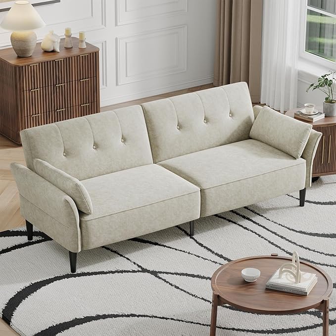 89” Futon Sofa Bed, Comfy Futon Couch Bed with 2 Square Pillows,Convertible Sleeper Sofa with Adjustable Backrest& Armrests, Modern Loveseat Sleeper for Living Room,Velvet Fabric White