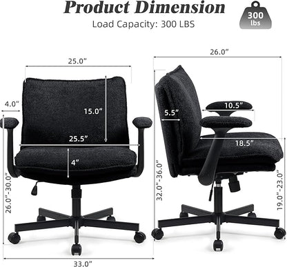 Kassipo Criss Cross Legged Office Chair with Wheels and Flip-Up Arms, Upholstered Criss Cross Desk Chair, Wide Seat Chairs for Home Office, Vanity, Apartment, Black