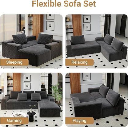 KAPEETOO Modular Sectional Sofa Cloud Couch for Living Room, Right L Shaped Boneless Couch with Chaise Longue, Oversize 3-Seater Sectional Sleeper Sofa Set with Deep Seat Bedroom (Grey)