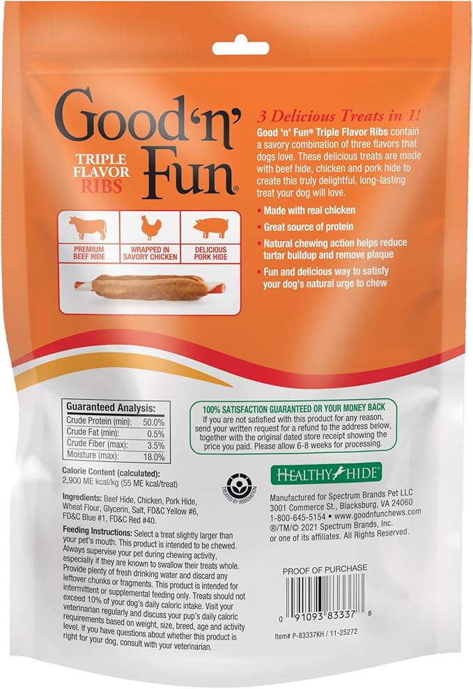 Good ‘n’ Fun Triple Flavor Ribs Chews for All Dogs, 4 Ounces, Treat Your Dog to Long-Lasting Chews Made with Beef Hide, Chicken and Pork Hide