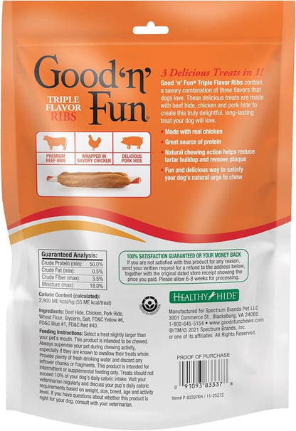 Good ‘n’ Fun Triple Flavor Ribs Chews for All Dogs, 4 Ounces, Treat Your Dog to Long-Lasting Chews Made with Beef Hide, Chicken and Pork Hide