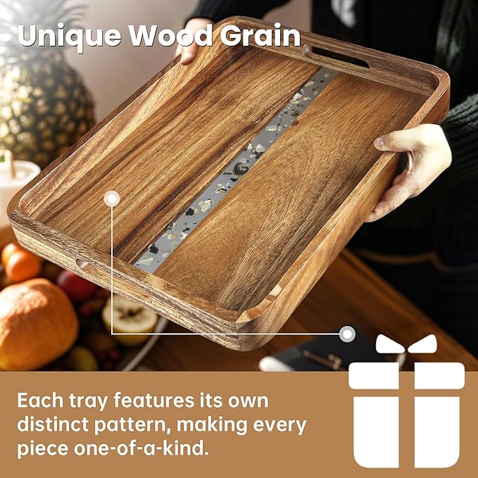 Acacia Wood Serving Tray with Handles, 17’’x13’’ Rectangular Decorative Ottoman Tray for Living Room, Coffee Table Tray for Decor, Breakfast in Bed
