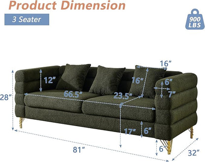 mikibama Modern Teddy Sectional Sofa, 81 Inch Oversized Sofa Couch, Luxury 3 Seater Deep Couch with 3 Pillows and Gold Metal Legs for Living Room, Bedroom, Apartment (Green)