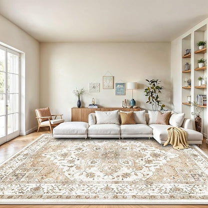 Amada 8x10 Area Rugs, Low-Profile Large Washable Area Rug with Non-Slip Backing & Durable Edge Binding, Vintage Rugs for Living Room, Bedroom, Dinning Room