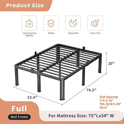 20 Inch Full Heavy Duty 3500 lbs Bed Frame with Round-Corner Legs & Anti-Squeak Design – Quick Assembly Metal Platform, No Box Spring Needed