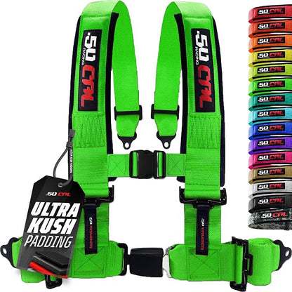 1pc 50 Cal Green 4 Point Harness 3in Straps, Racing Harness Seat Belt | Ultra Kush padding, Push Button quick release hardware. Universal Fit for UTV, RZR, race car.