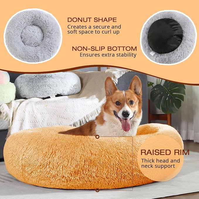 JOLLYVOGUE Dog & Cat Bed, Calming Anti-Anxiety Pet Bed for Small Dogs, Fluffy Donut Cushion for Small and Medium Pets (20")