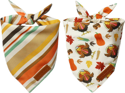 Realeaf Thanksgiving Dog Bandanas 2 Pack,Turkey Pumpkins Fall Stripe Pet Scarf for Boy and Girl, Premium Durable Fabric, Reversible Holiday Bandana for Small and Medium Dogs Pets