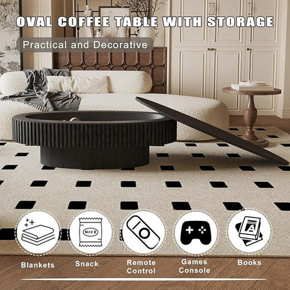FGXJY Oval Coffee Table with Storage, Modern Black Coffee Table with Solid Wood Veneered, Fluted Center Table Wood Drum Tea Table for Living Room Apartment, 47.2''L×23.6''W×14.2''H