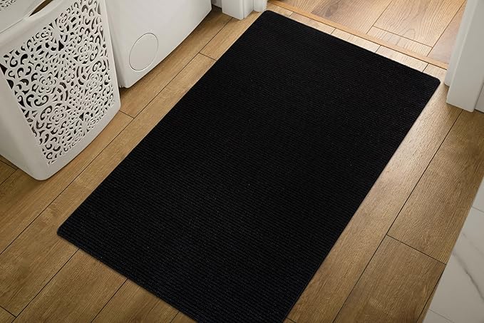 Non Slip Black Solid Rubber Back Thing Door Mat for Entryway 2x3 for Kitchen, Rug for Bathroom, Stain Resistant Easy Cleaning Non Shedding Carpet Black 2 x 3