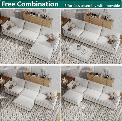 Modular Sectional L Shaped Sofa Couches with Storage Ottoman, Cloud Couch for Living Room, Comfy Sofa with Pillow, White
