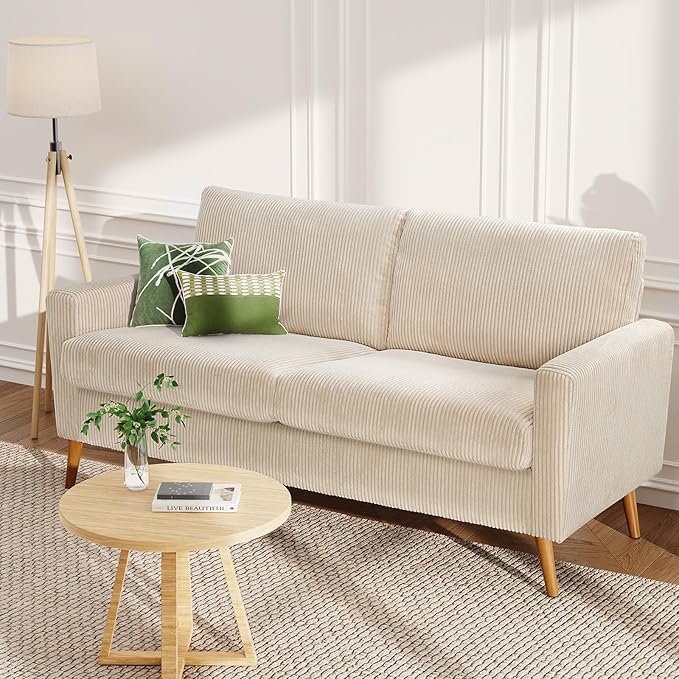 WEUP 68" Loveseat Sofa Beige Corduroy Couch, Mid Century Modern Love Seat Couches for Living Room, Small Loveseat for Bedroom Office, Comfy Sofa with Spring Cushion, Solid Wood, Tool-Free Assembly