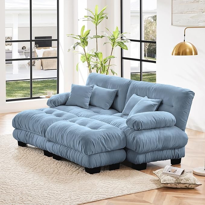 94.4" Loveseat Sofa, 2 Seater Modular Sectional Sofa, Blue Large U Shaped Sectional Couches for Living Room, Fluffy Chenille Fabric Cloud Couch with Ottoman