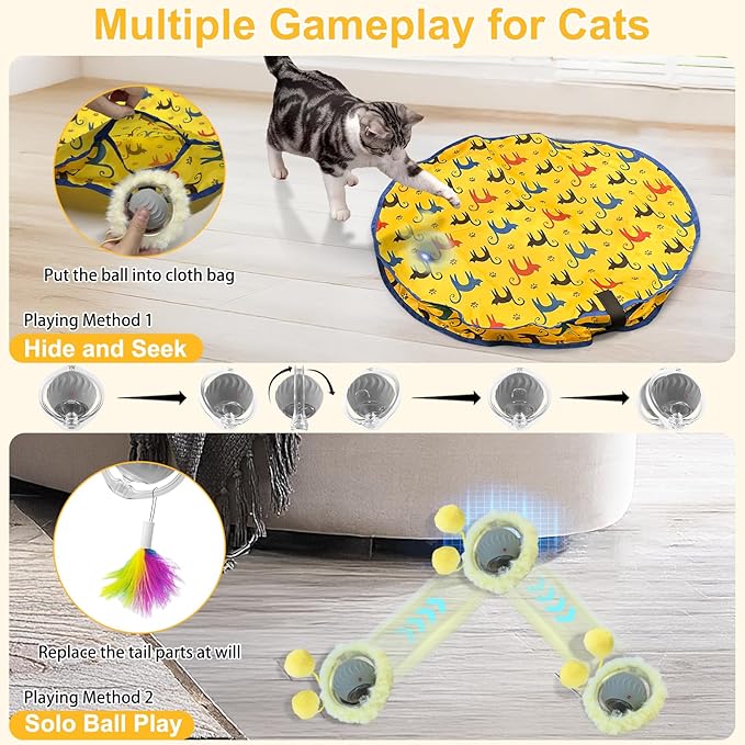 Interactive Cat Toys for Indoor Cats, Automatic Motion Cat Toy in Pouch Fast Rolling Ball in Play Mat Hide and Seek Mouse Catching Game with Chirping Stimulation,Led Light,Auto On/Off(Yellow)