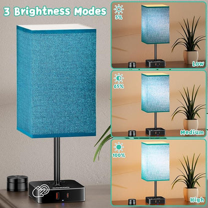 Nightstand Lamp & USB C+A Fast Charging Station: Modern Bedside Table Lamp with Remote & Touch Control, Warm Dimmable Light for Bedroom Nursery, Living Room End Tables, Home Office Desk | Green Shade