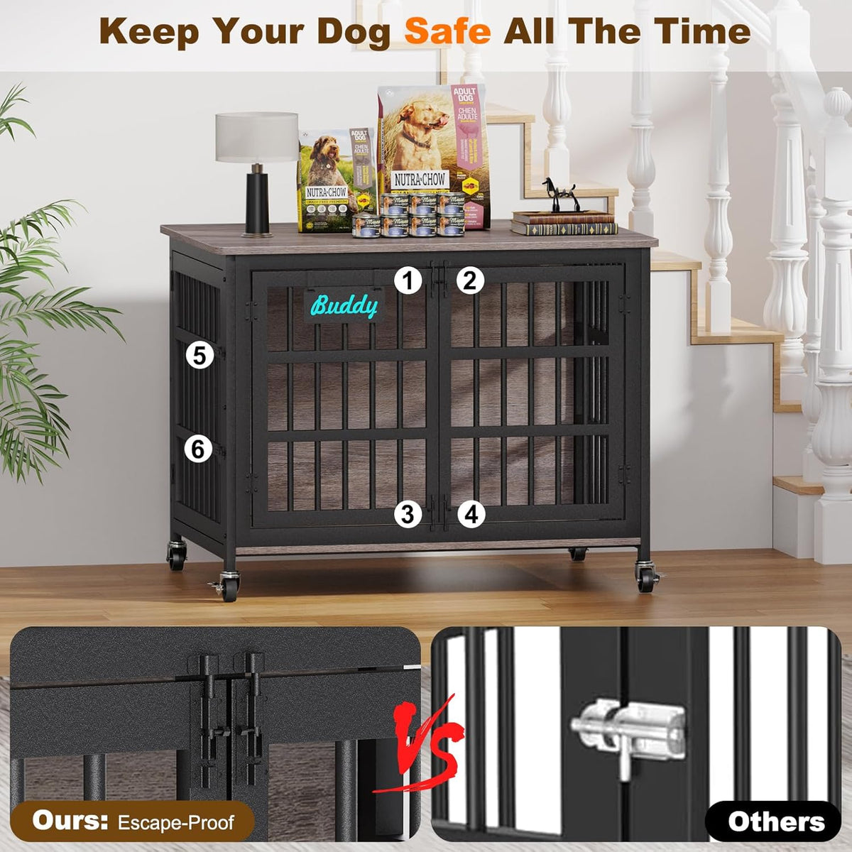 EasyCom 41"/33"/27" Dog Crate Furniture with Name Tag, Heavy Duty Dog Kennel Indoor for Medium Dogs, Double-Doors Sturdy Metal Dog Cage for Anxiety Dog, Decorate House as TV Stand, End Table