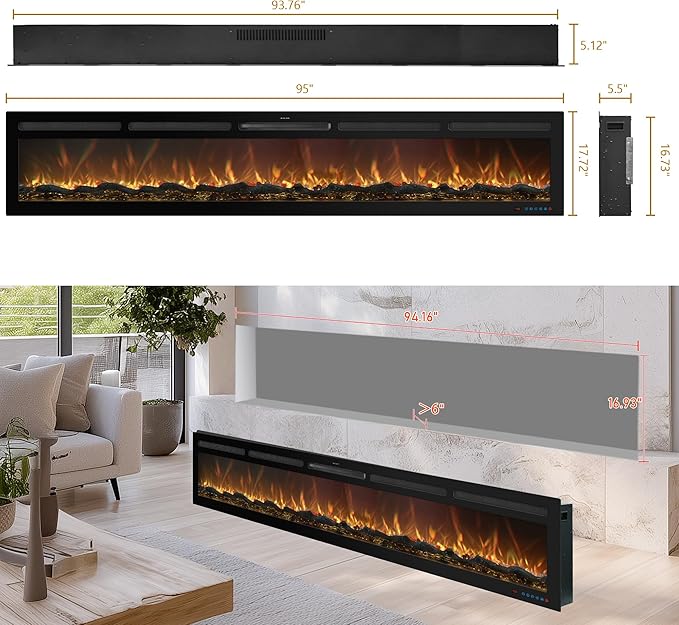 95 Inch WiFi-Enabled Recessed Electric Fireplace Inserts