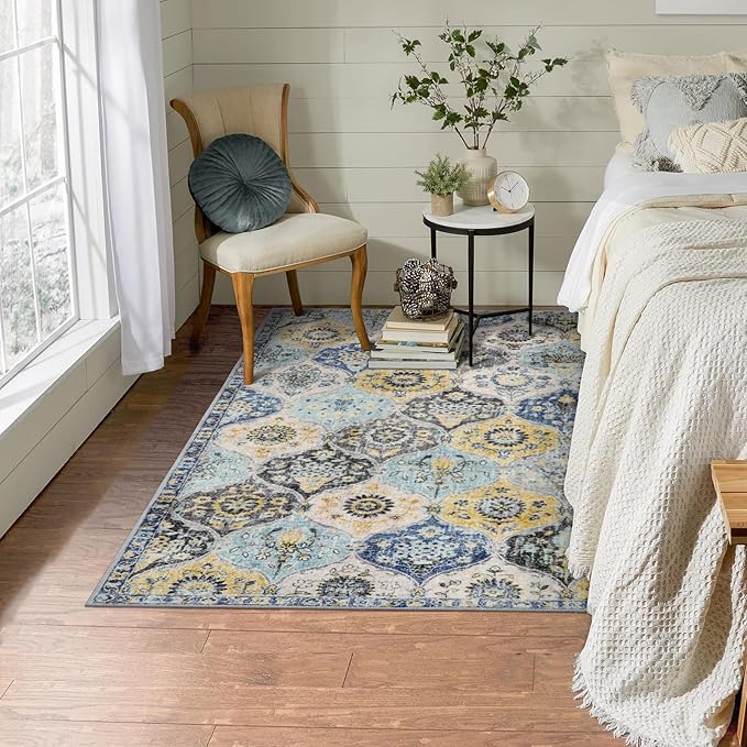 Lahome Moroccan Trellis Washable Small Area Rug, 3x5 Area Rug for Bedroom Living Room, Non-Slip Oriental Accent Throw Carpet for Kitchen Office Entryway Bathroom Office, Yellow/Aqua