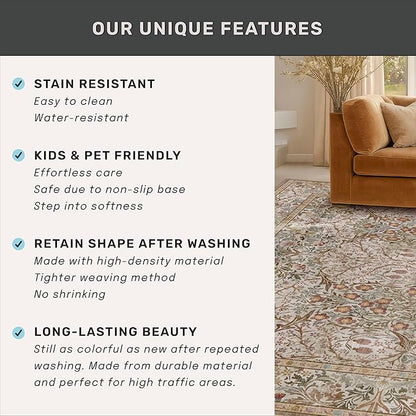 Moss Green Washable 2x3 Entry Rug - Front Door Rugs Indoor, Vintage Floral Style Small Rug for Kitchen, Bathroom, Non-Slip Boho Vintage Dark Taupe Entryway Décor