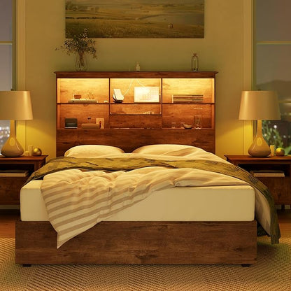AMERLIFE Queen Size Bed Frame Wooden Platform Bed with 51.2" LED Storage Bookcase Headboard, 4 Storage Drawers & Charging Station/No Box Spring Needed/Noise Free/Rustic Brown