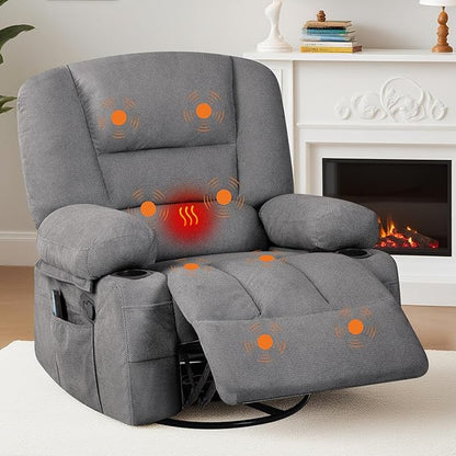 Rocker Recliner Chairs for Adults w/Vibration Massage and Heating,360° Swivel Rocker Glider Recliner,Extra Wide Manual Lazy Chair,Chenille Fabric Sofa Chair for Living Room,Bedroom Grey