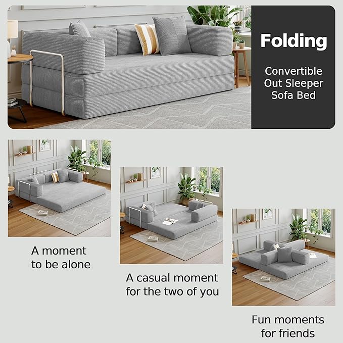 98.4''Convertible Sleeper Sofa Bed,Compressed Floor Boneless Couch,Modular Modern Corduroy Sofa for Living Room Bedroom -with Fixed-Shape Frame and Support Armrest,Easy Assembly(Grey)