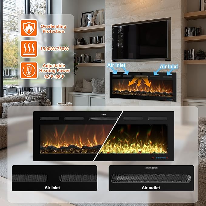 95 Inch WiFi-Enabled Recessed Electric Fireplace Inserts