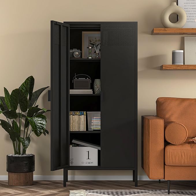 COFaR 4 Tier Black Metal Storage Cabinet, Free Standing