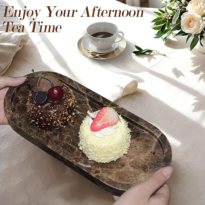 100% Real Natural Marble Tray for Bathroom, Luxury Dark Brown Stone Vanity Tray, Decorative Oval Trays for Countertop Storage Organizer, Vanity Dresser Kitchen Home Decor, 10.2" x 4.3", Brown