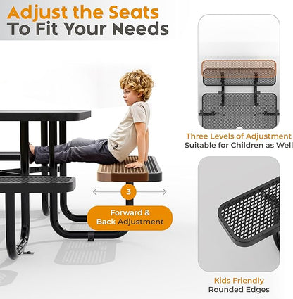 Metal Picnic Tables for Outdoors with Umbrella Hole - Coated Steel Heavy Duty Commercial Grade Furniture with Adjustable Seats (Black, 46 in, Square, Expanded Steel)