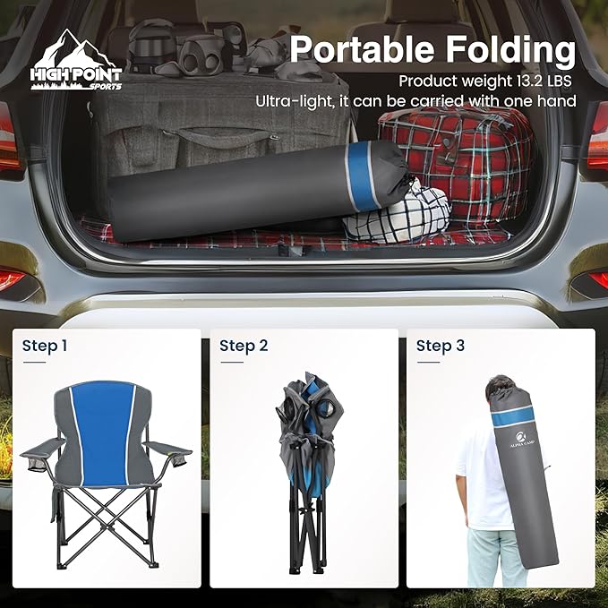 HIGH POINT SPORTS Portable Camping Chair, Heavy Duty Outdoor Folding Chair with Armrest, Foldable Camp Chair with Cup Holder for Camping, Support 350 LBS, Blue-Gray, 2 Pack