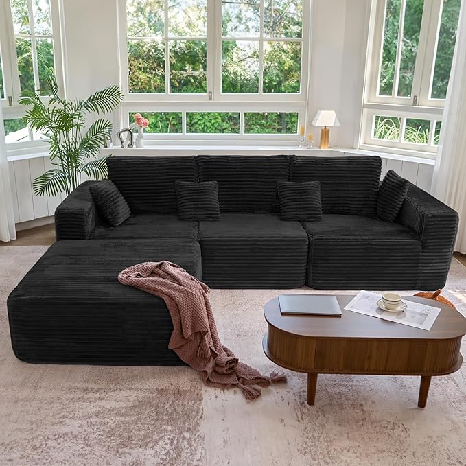 113" Modular Sectional Sofa, Convertible L-Shaped Cloud Couches for Living Room with Ottoman, 4 Seater Corduroy Boneless Couch Sofas Set, No Assembly Required, Black 1 PCS