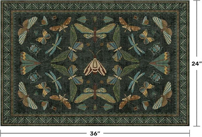 2x3 Entry Way Rugs Indoor - Dark Green Small Throw Rug for Kitchen, Bathroom, Insect Boho Design, Washable Non Slip Stain Resistant