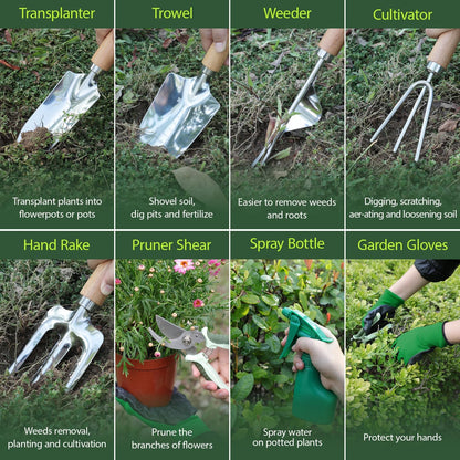 Garden Tool Set, 10 Piece Kit with Heavy Duty Folding Stool, Detachable Storage Tote Bag, Stainless Steel Tools, Gifts for Women Men Green