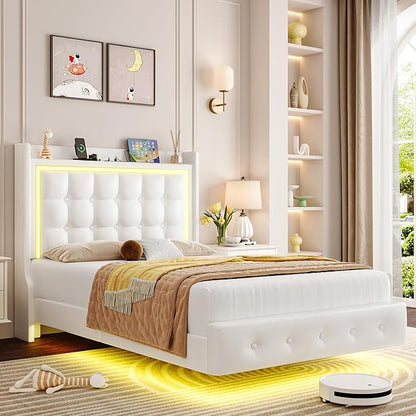 Keyluv Upholstered Twin Floating Bed Frame with LED Lights and Charging Station, Pu Leather Platform Bed with Button Tufted Storage Headboard, Type-C & USB Charging Ports, No Box Spring Needed, White