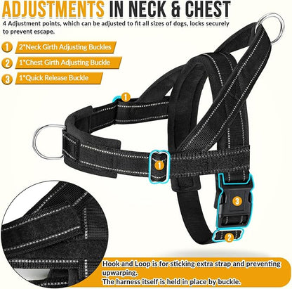 SlowTon No Pull Dog Harness with Front Clip - Heavy Duty, Soft Padded | Neck & Chest Adjustable, Tactical Pet Vest and Leash Set for Large Medium Sized Dogs, for Easy Walk & Training, Black L