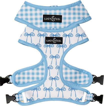 Lucy & Co. Cute Reversible Dog Harness Walking Halter - Best Designer Pet Harnesses for XS - XL Dogs - Padded Adjustable Vest for Easy Walking - X Large - White with Blue Bows