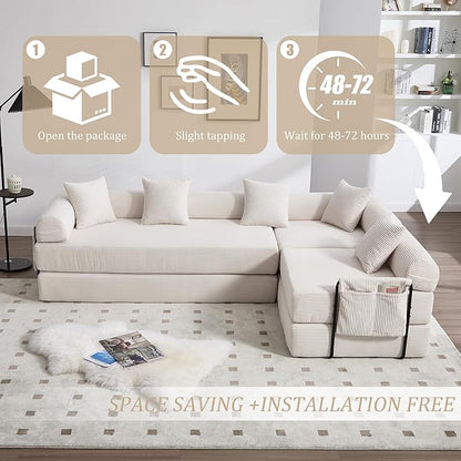 106" Oversized Convertible Sleeper Sofa Bed, Corduroy L Shape Sectional Couch, Folding Sofa Bed with Side Pocket, Modern Cloud Floor Mattress Couch, Modular Sofa for Living Room, Beige