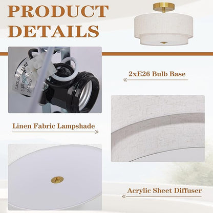 2 Light Semi Flush Mount Ceiling Light Fixture 12.6 Inch Modern Gold Drum Lights Fixture with 2-Layer Fabric Shade Dimmable Close to Ceiling for Living Room Hallway Bedroom Entryway