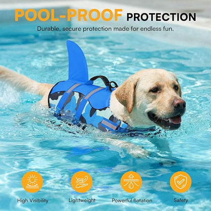 Dog Life Jacket Ripstop Dog Shark Safety Vest Adjustable Preserver with High Buoyancy and Durable Rescue Handle for Small,Medium,Large Dogs, Blue Camouflage X-Small