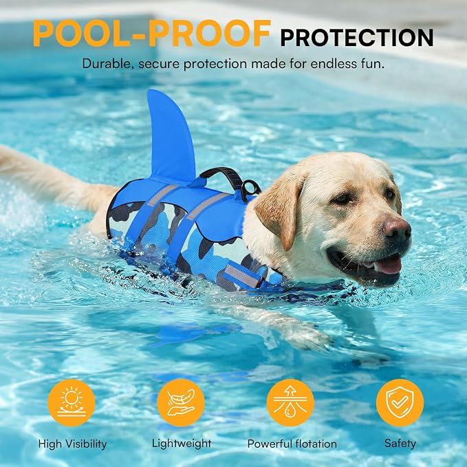 Dog Life Jacket Ripstop Dog Shark Safety Vest Adjustable Preserver with High Buoyancy and Durable Rescue Handle for Small,Medium,Large Dogs, Blue Camouflage Small