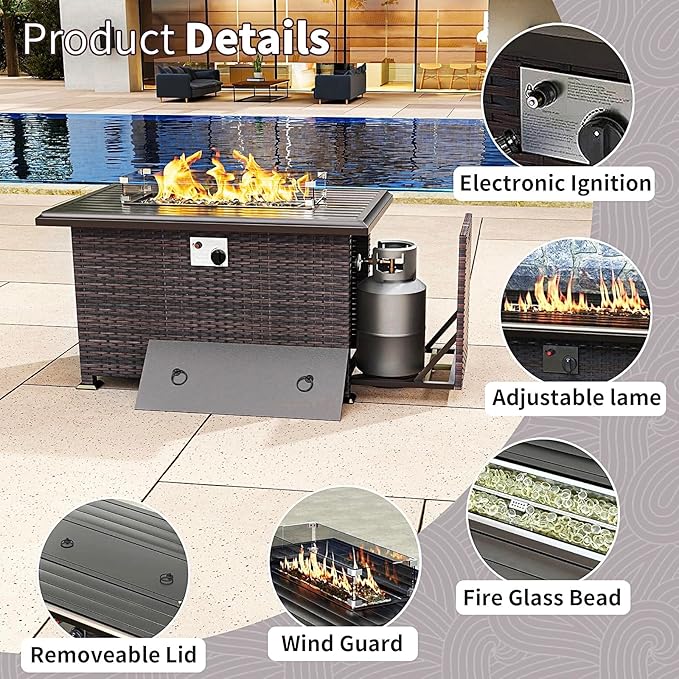 Gotland 10 Pieces Patio Furniture Set with Fire Pit Table, All Weather Rattan Outdoor Furniture with 29.5'' High Backrest 4’’ Thick Cushions Coffee Table, Outdoor Sofa for Deck, Garden, Backyard, Blue