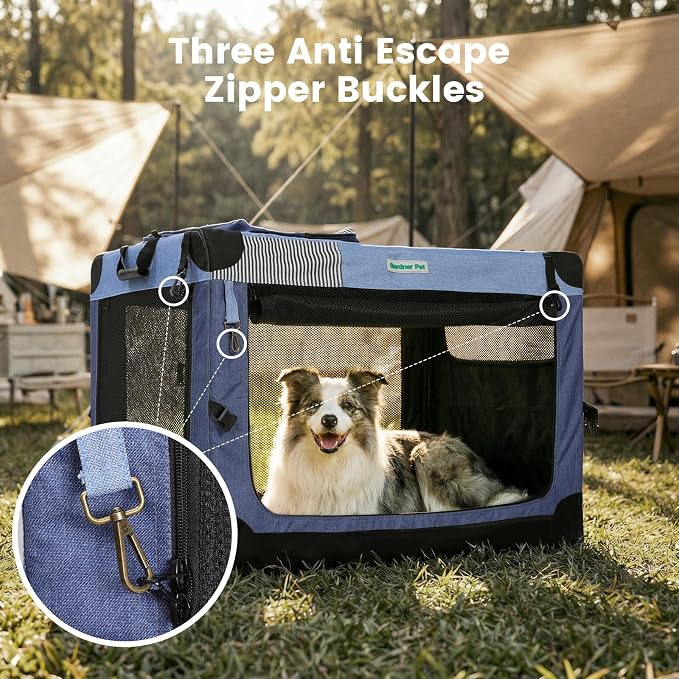 Gardner Pet Soft Collapsible Dog Crate - 26 Inch Portable Travel Dog Crate for Puppy/Small Dogs Indoor & Outdoor, 3-Door Pet Crate with Durable Mesh Windows & Storage Bag, Blue