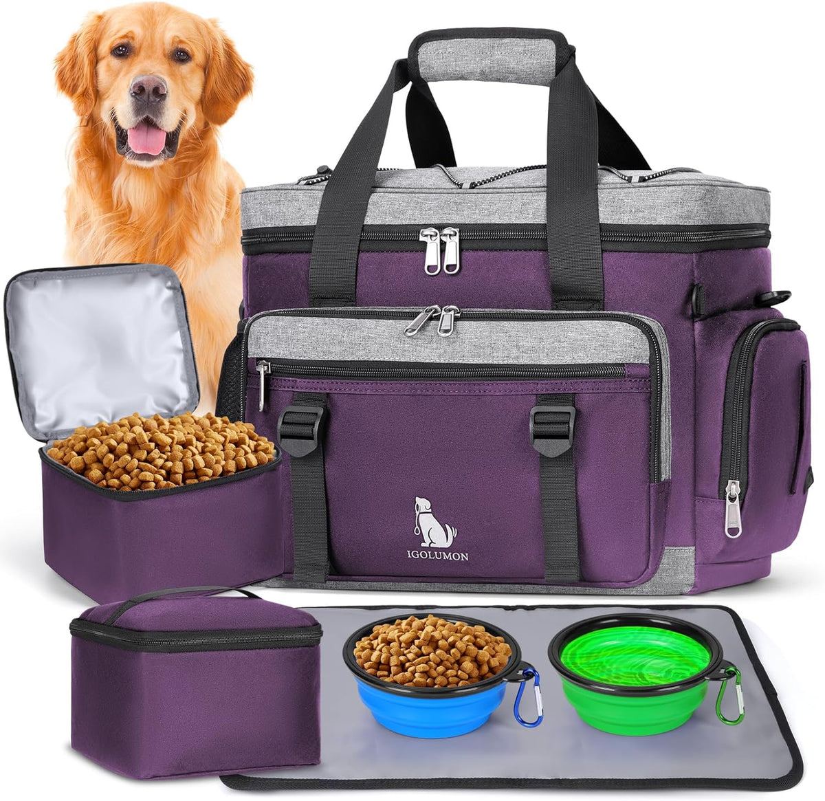IGOLUMON Dog Travel Bag Large Pet Travel Bags Set for Supplies Weekend Dog Travel Kit Tote Organizer Multi-Pockets Dog Food Travel Bag with 2 Large Food Containers, 2 Dog Bowls, 1 Feeding Mat, Purple