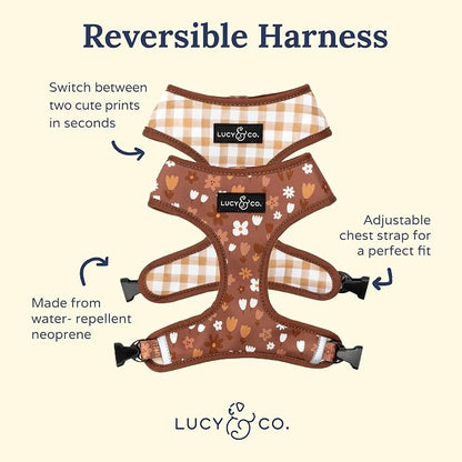 Lucy & Co. Reversible Dog Harness - Water-Repellent Neoprene, Dual-Print Design, Easy Swap Style, Adjustable Comfort Fit - Chocolate Meadows Reversible Harness - Medium