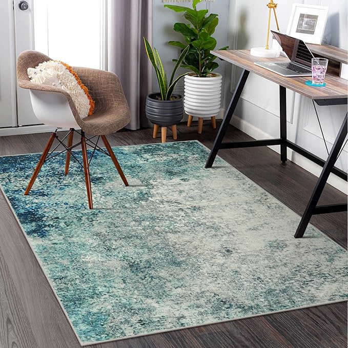 Lahome Modern Abstract Area Rug 5x7 Rugs for Living Room, Washable Accent Bedroom Rug Low Pile Non-Slip, Indoor Floor Contemporary Carpet for Kitchen Bathroom Laundry,Blue/Grey